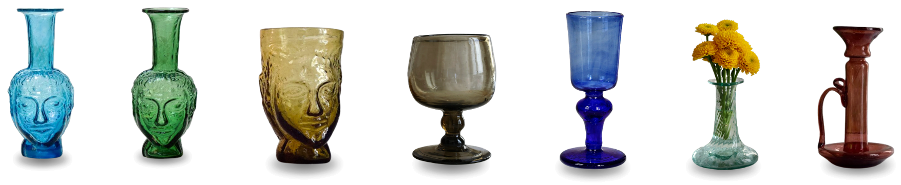 La Soufflerie hand-blown pieces available to rent: head vases, tumbler, goblets, bud vase and candlestick
